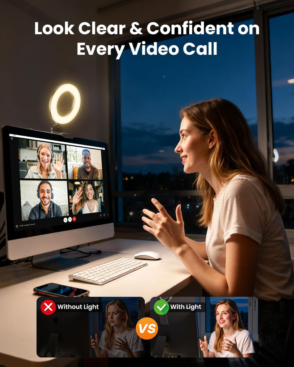 Evershop aro de luz montado en laptop para videollamadas más nítidas