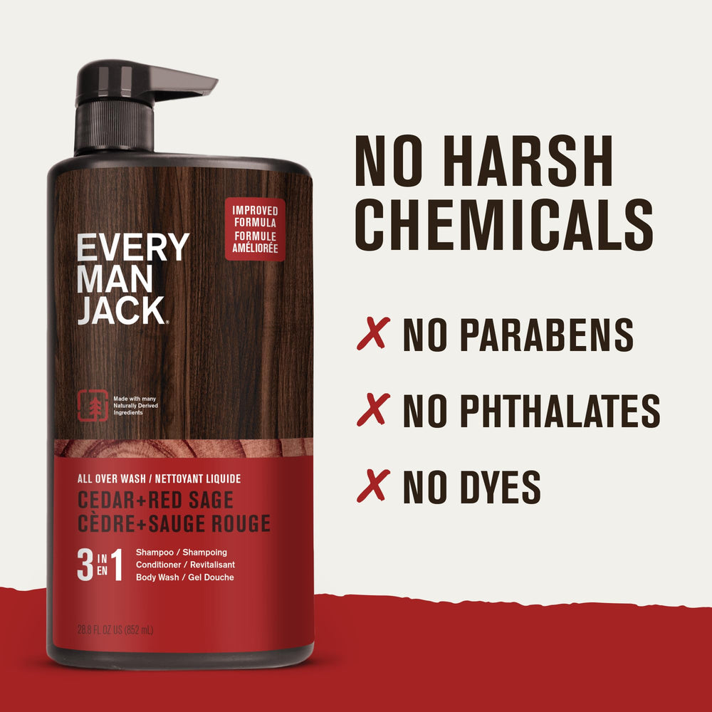Every Man Jack bottle in shower lifestyle scene demonstrating streamlined grooming routine