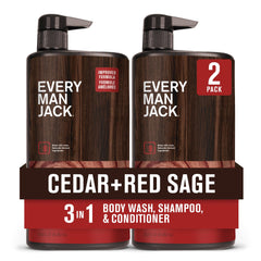 Every Man Jack front packaging showing cedar red sage scent and two bottles benefits convenience