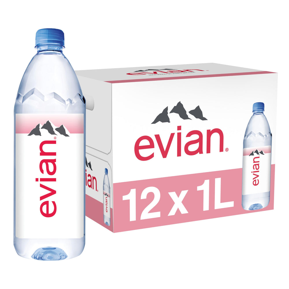 evian botella 1 L frontal mostrando diseño y facilidad de agarre
