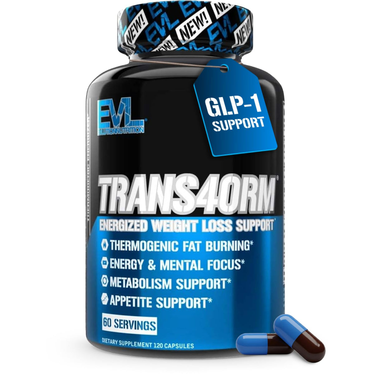 Evlution EVL Trans4orm front label showing product branding and 60 servings