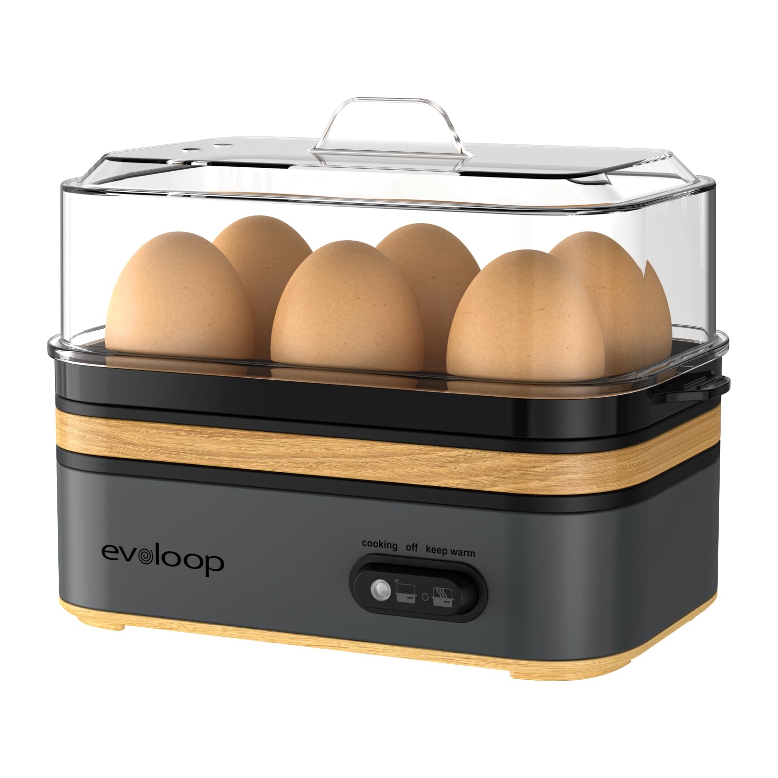 Evoloop frente con tapa transparente mostrando huevos listos y control visual