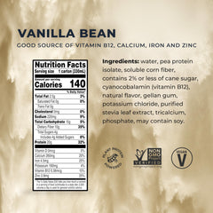 Evolve vanilla bottle with ingredient list showing pea protein source