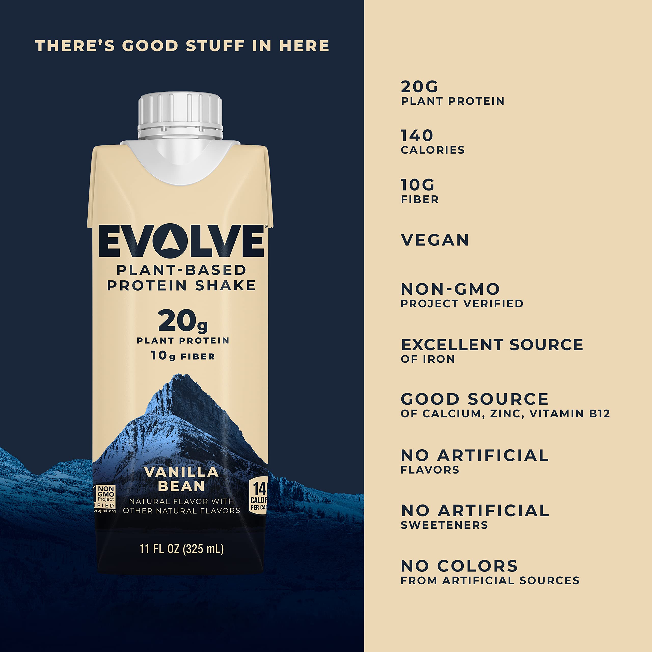 Evolve vanilla nutrition label close-up highlighting protein and fiber