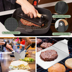 EWFEN tools in use on a Blackstone griddle showing efficient flipping and cooking