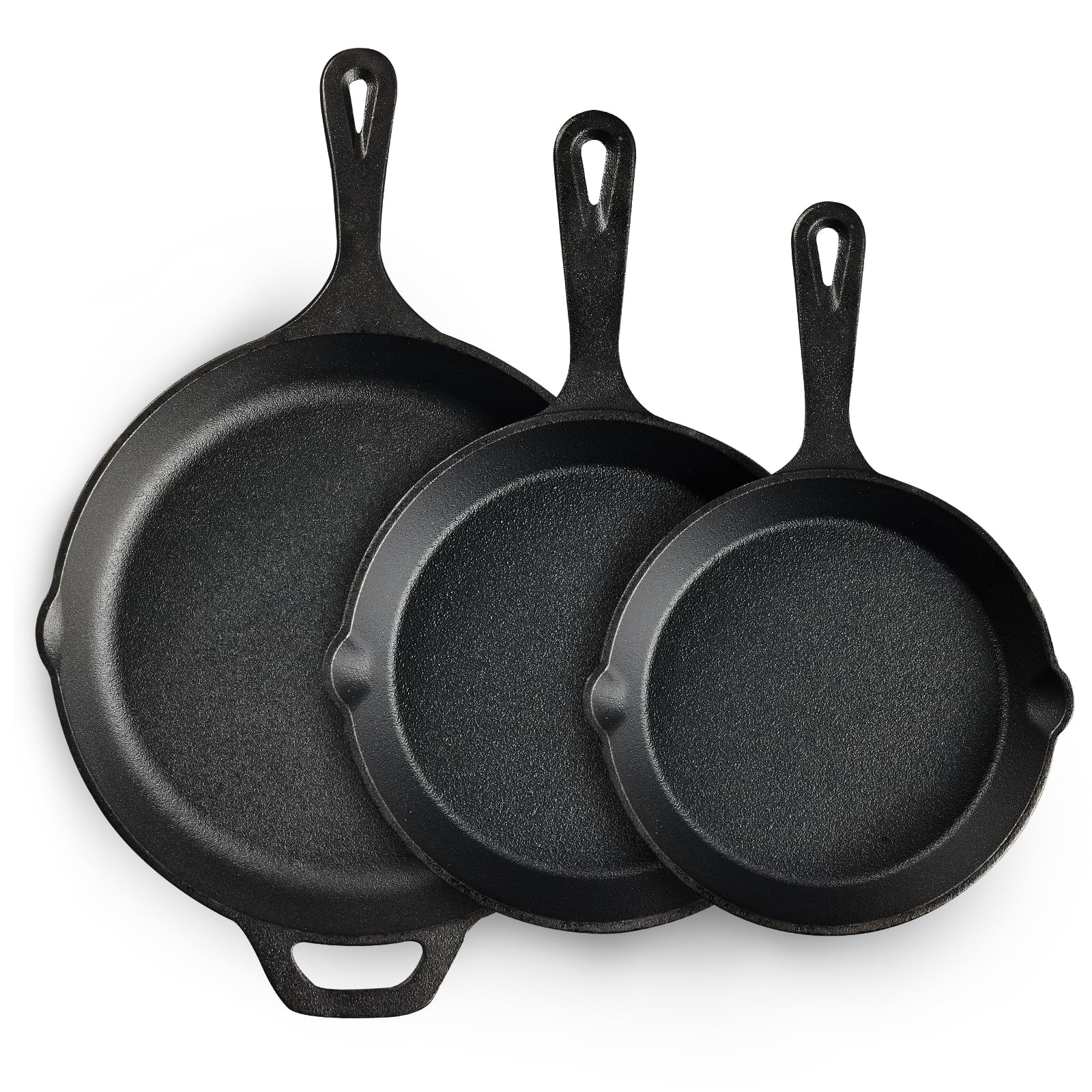 EWFEN juego frontal mostrando sartenes 6, 8 y 10 pulgadas listos para cocinar