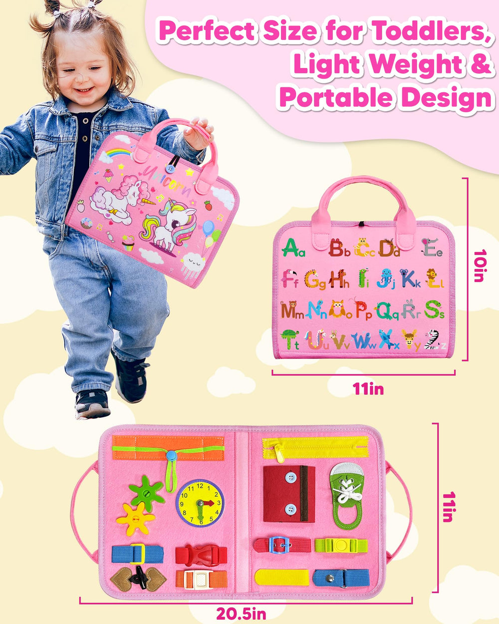 Exorany busy book in travel bag on airplane tray, keeps toddlers quietly engaged