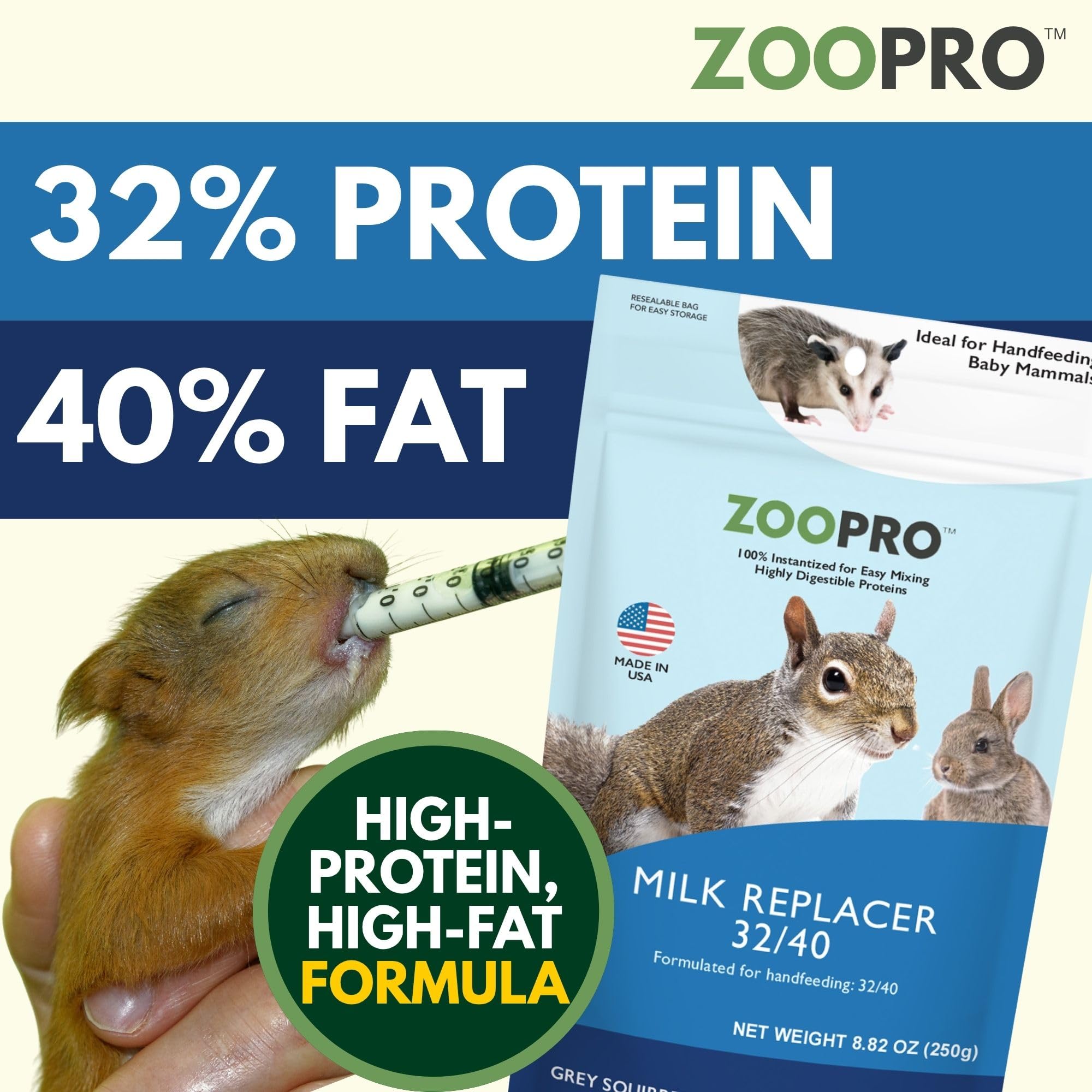 Exotic Nutrition envase ZooPro 32/40 detalle de polvo nutritivo