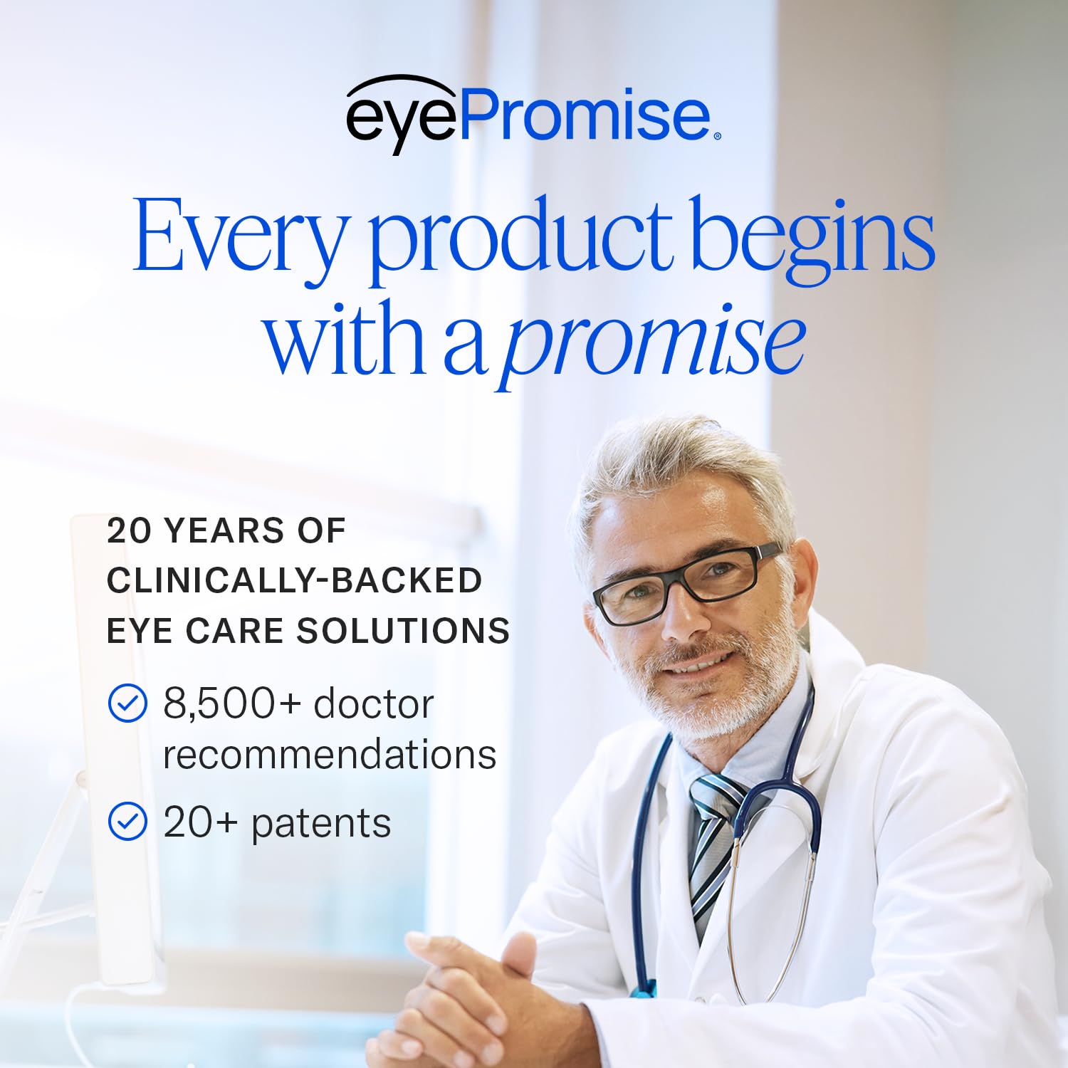 EyePromise producto en escritorio con laptop para mostrar alivio frente pantallas