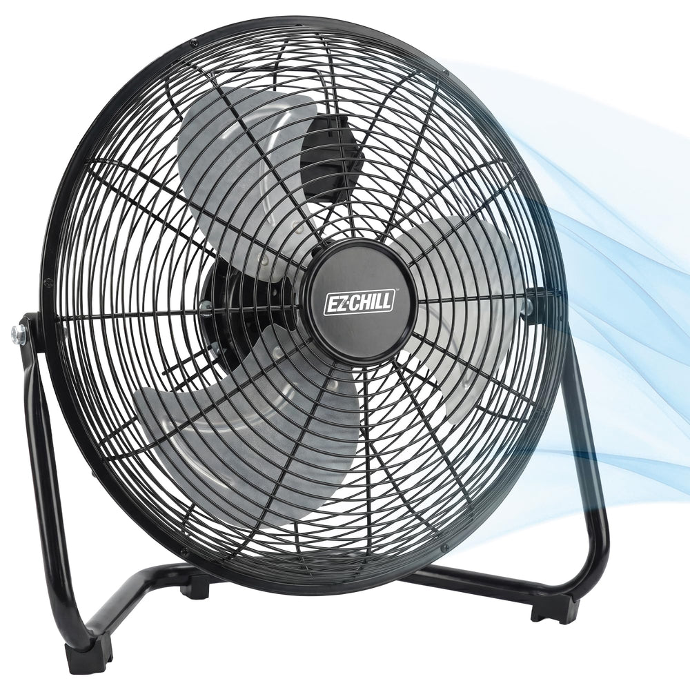 EZ-CHILL vista frontal del ventilador de piso mostrando control y diseño robusto
