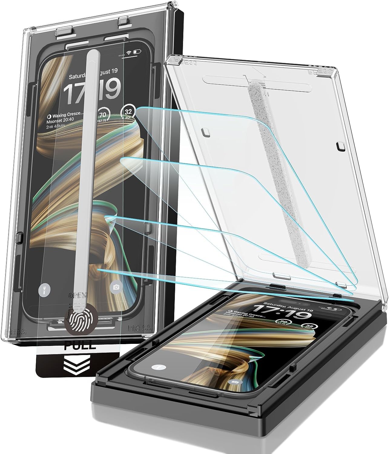 EZ-GLAZ vista frontal del empaque mostrando el protector para iPhone 17 Pro y protección clara