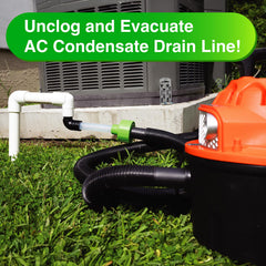 EZVAC conectado a aspiradora en uso para evacuar obstrucciones eficientemente