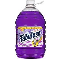 Fabuloso en uso vertiendo sobre encimera con paño, aroma lavanda que refresca ambientes