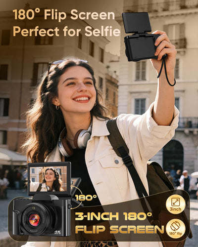FACLAM flip screen in selfie position, enabling easy vlogging and framing