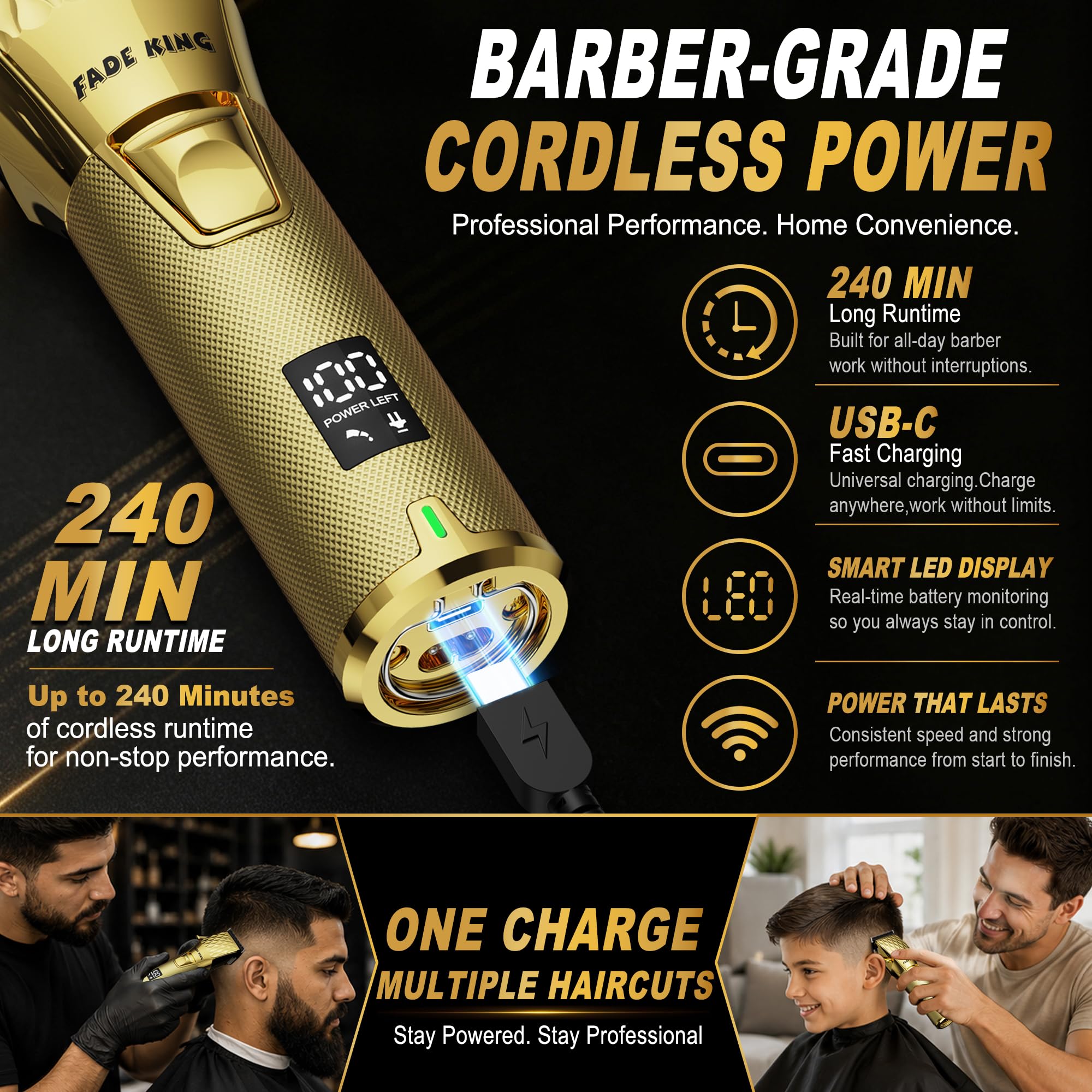 FADEKING clippers in use in barbershop delivering smooth fades and low-noise operation