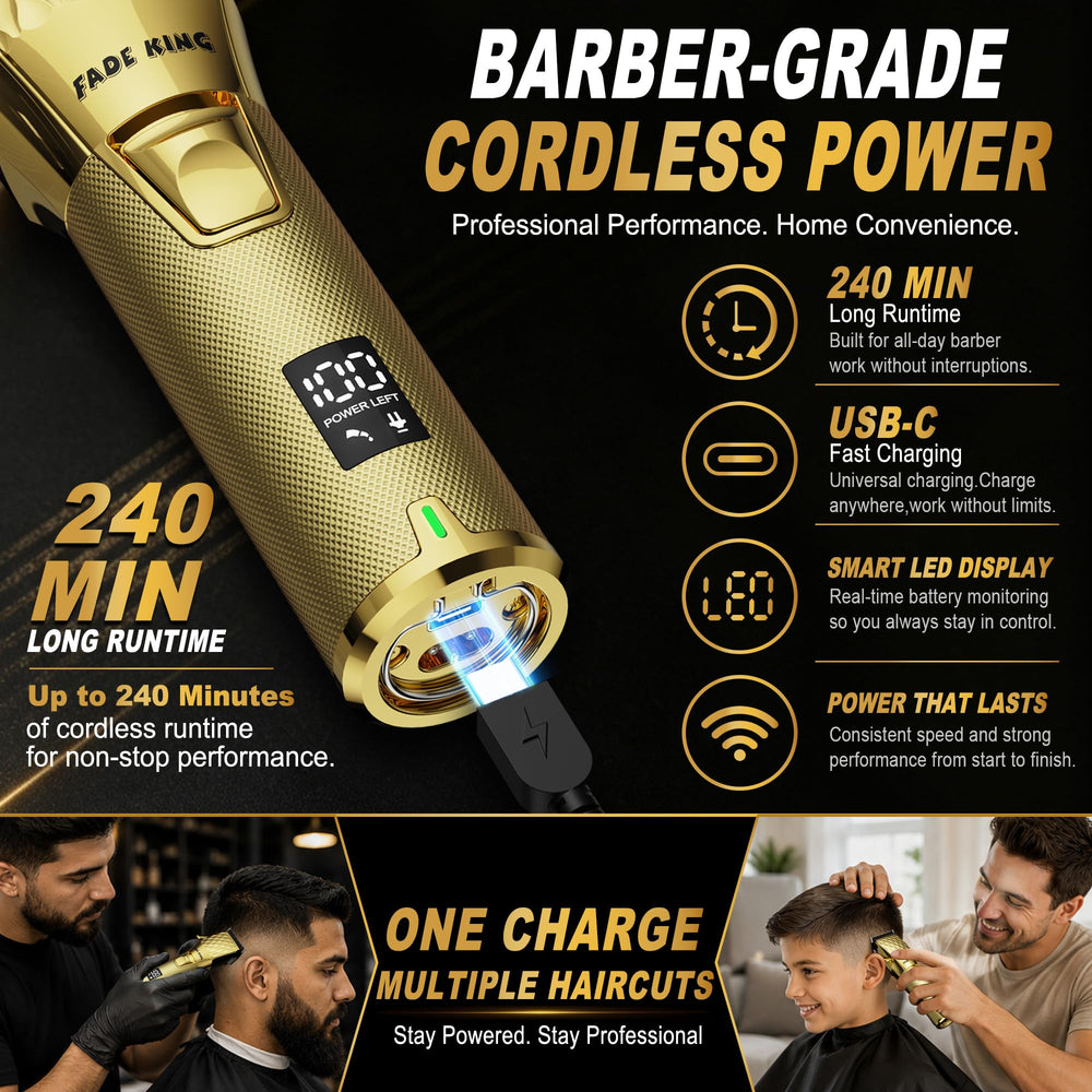 FADEKING clippers in use in barbershop delivering smooth fades and low-noise operation