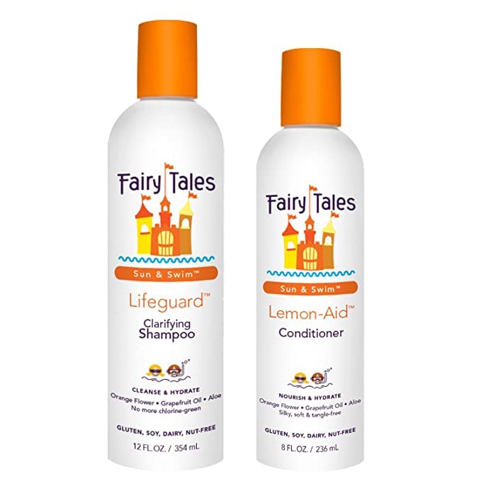 Fairy Tales envases frontales Sun & Swim mostrando tamaño y beneficio de limpieza