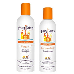 Fairy Tales envases frontales Sun & Swim mostrando tamaño y beneficio de limpieza