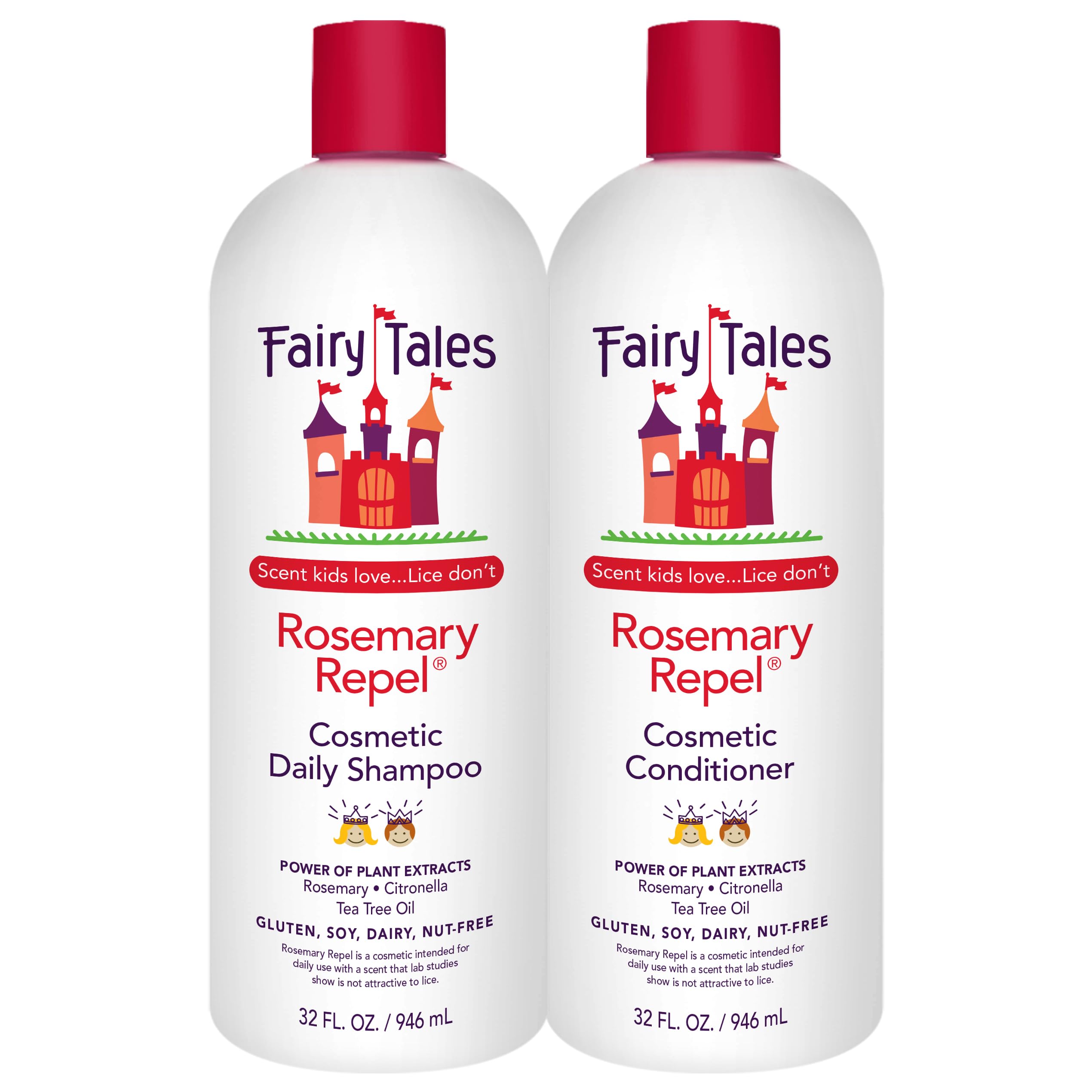Fairy Tales frontal del pack de champú y acondicionador mostrando tamaño grande y presentación, ideal para familias