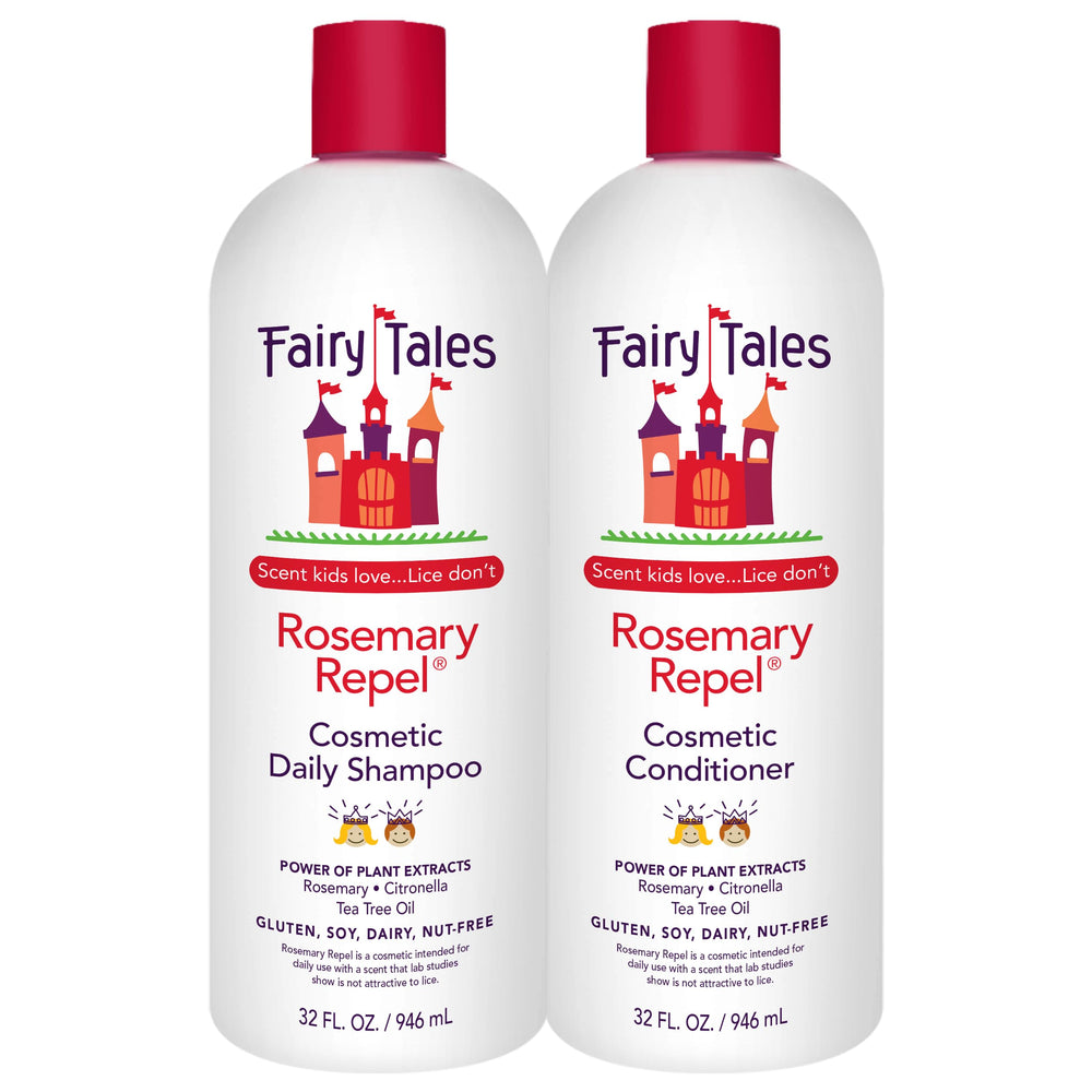 Fairy Tales frontal del pack de champú y acondicionador mostrando tamaño grande y presentación, ideal para familias