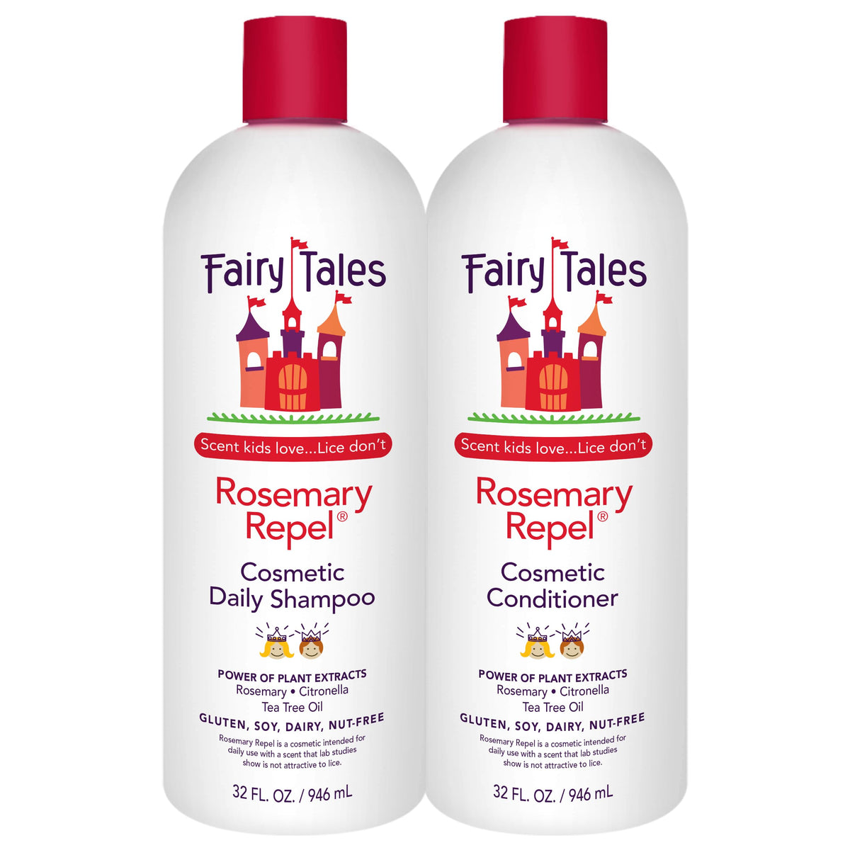 Fairy Tales frontal del pack de champú y acondicionador mostrando tamaño grande y presentación, ideal para familias