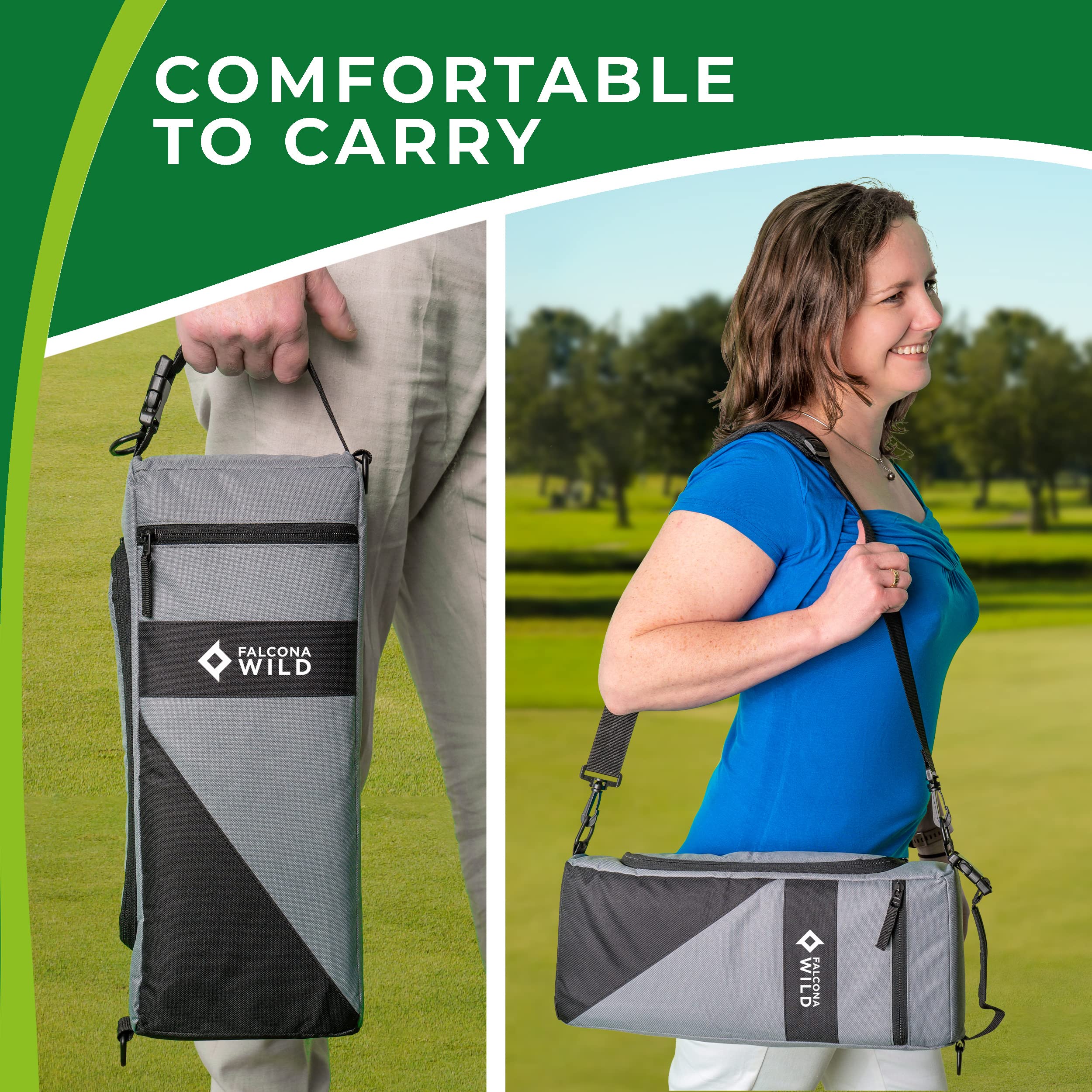 Falcona Wild escala comparativa junto a bolso de golf muestra tamaño compacto