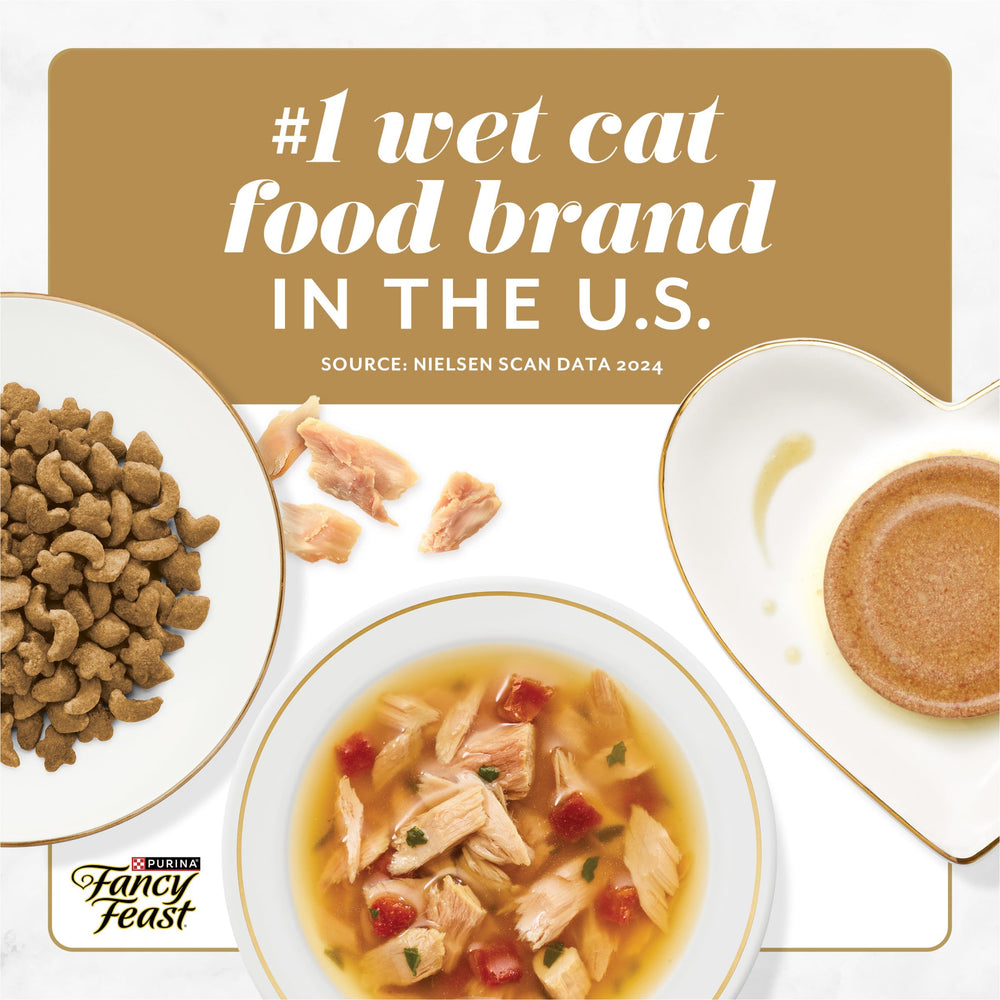 Fancy Feast gato comiendo en cocina, momentó gourmet y práctico