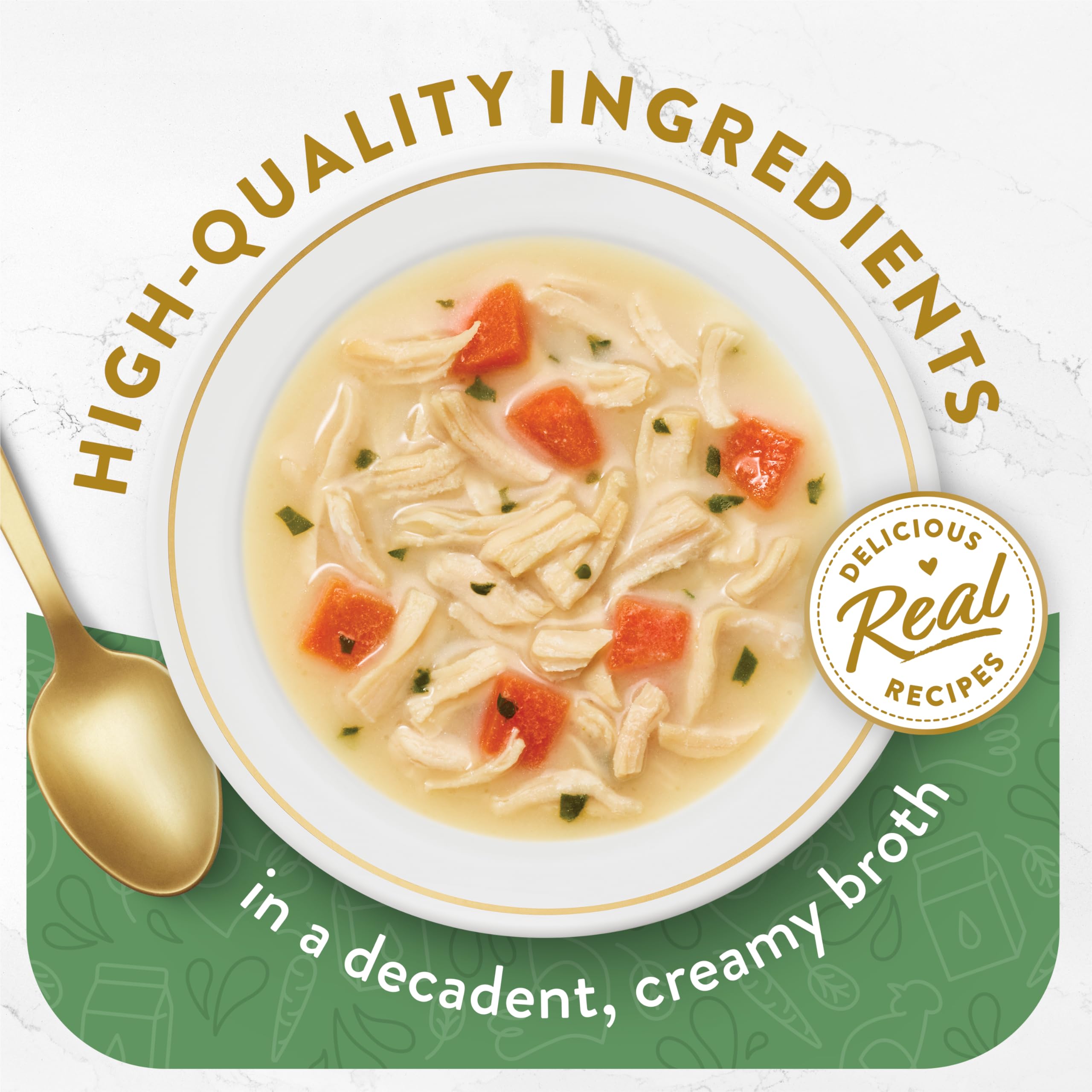 Fancy Feast opened pouch with creamy broth and chicken visible for quick serving