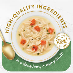 Fancy Feast opened pouch with creamy broth and chicken visible for quick serving