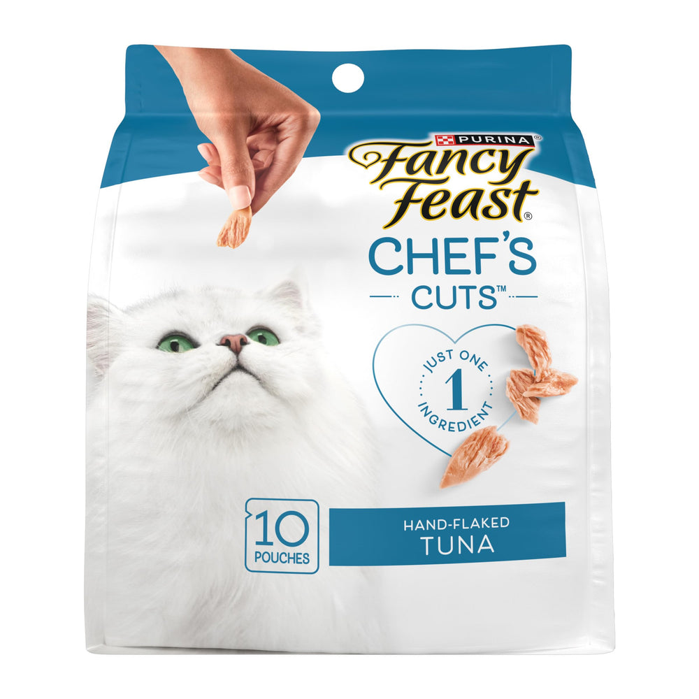 Fancy Feast empaque frontal mostrando sobres individuales y beneficios de frescura