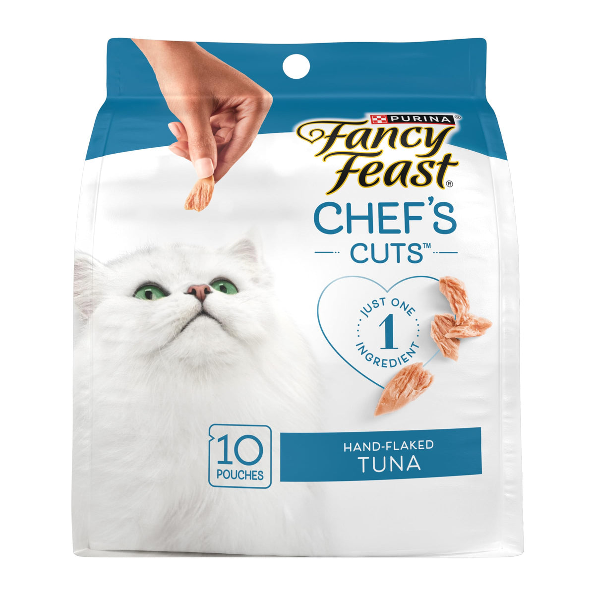 Fancy Feast empaque frontal mostrando sobres individuales y beneficios de frescura