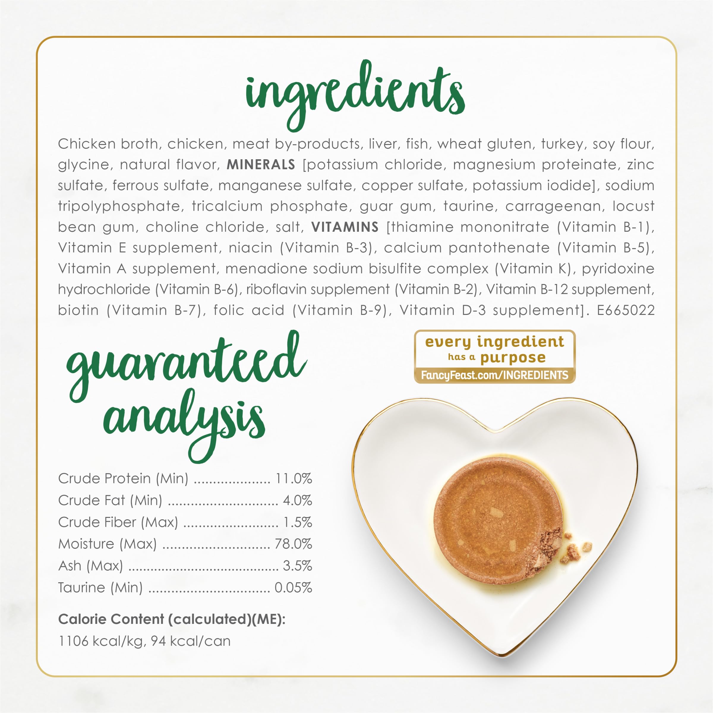 Fancy Feast etiqueta con información nutricional que ayuda a elegir con confianza