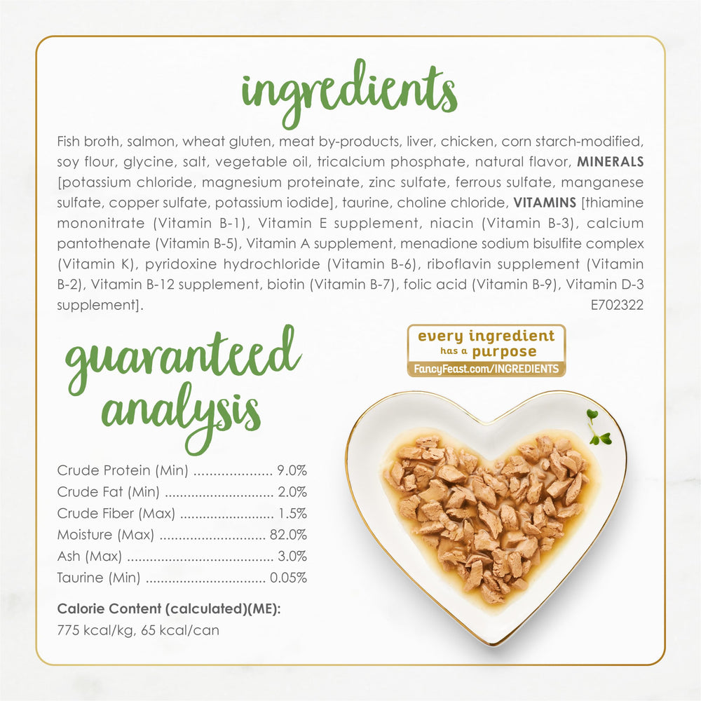 Fancy Feast etiqueta con ingredientes y nutrientes para transparencia y confianza