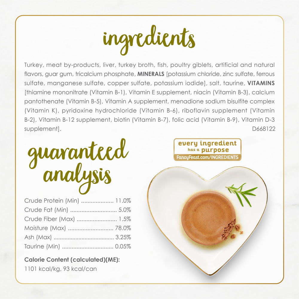 Fancy Feast etiqueta con lista de ingredientes y beneficios claros