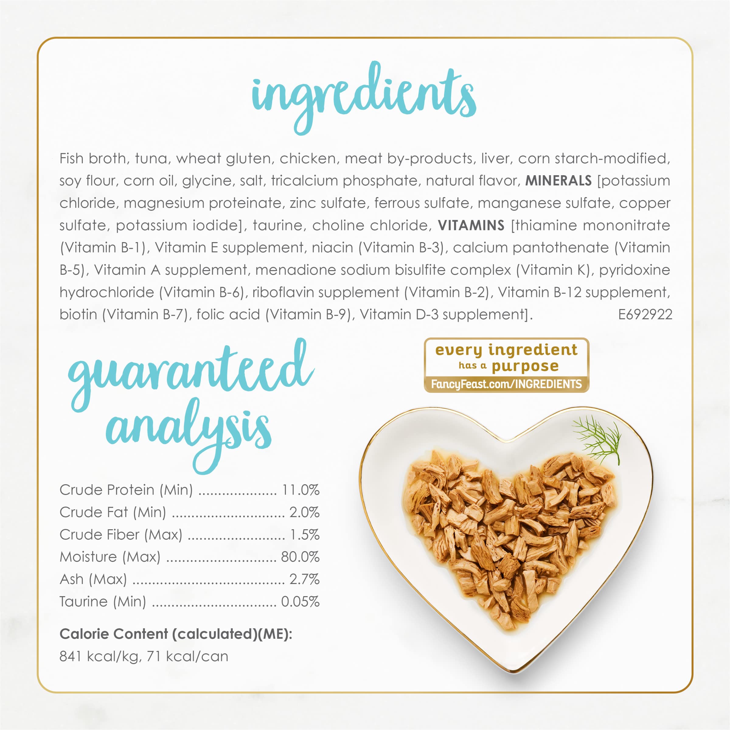 Fancy Feast etiqueta nutricional legible que indica ingredientes y balance completo