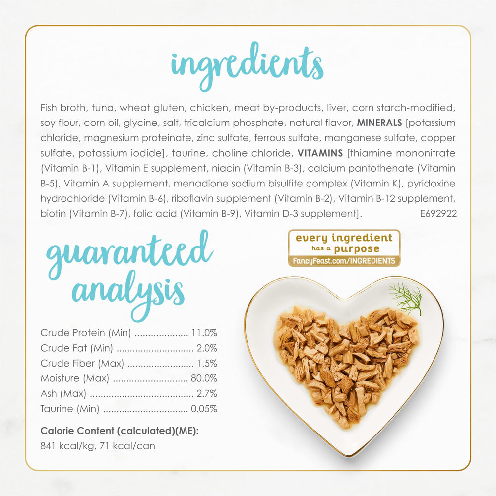 Fancy Feast etiqueta nutricional legible que indica ingredientes y balance completo