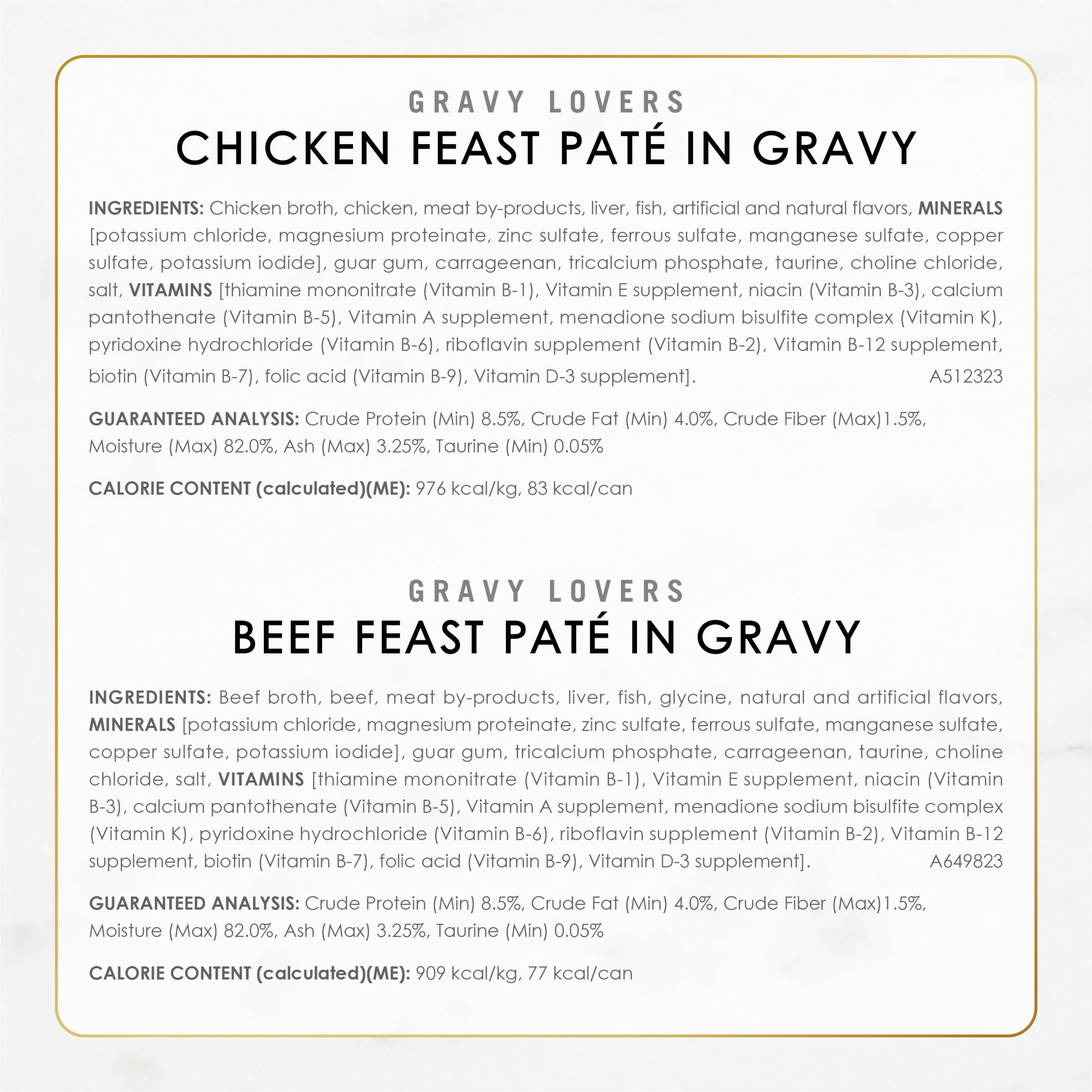 Fancy Feast etiqueta nutricional detallada, muestra vitaminas y minerales