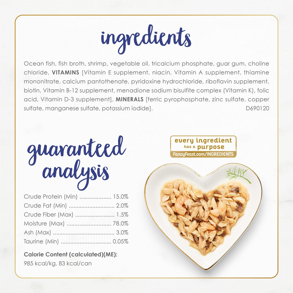 Fancy Feast etiqueta nutricional detallada que muestra ingredientes clave