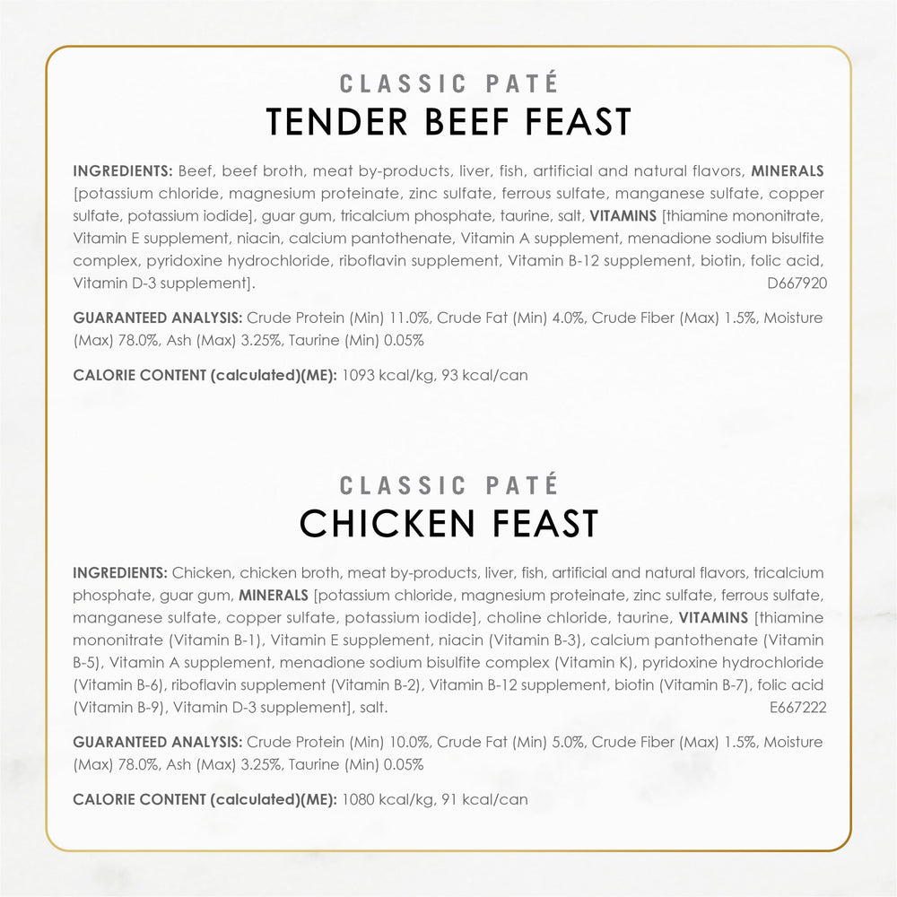 Fancy Feast etiqueta nutricional con información de ingredientes clave