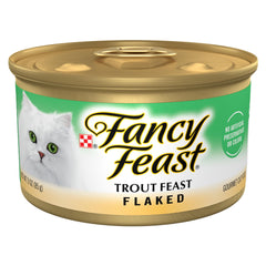Fancy Feast lata frontal que muestra la receta de trucha y atractivo visual