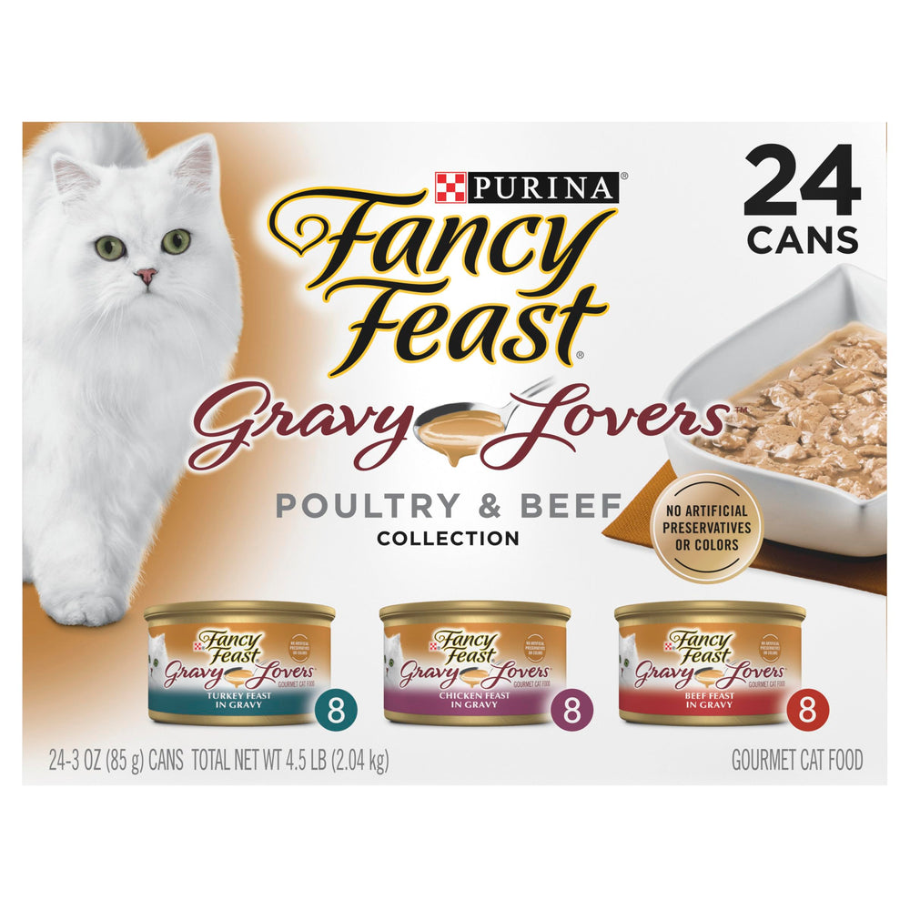 Fancy Feast empaque frontal mostrando variedad y conveniencia