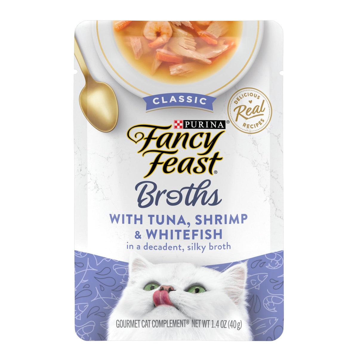 Fancy Feast empaque frontal que muestra sabores y formato práctico