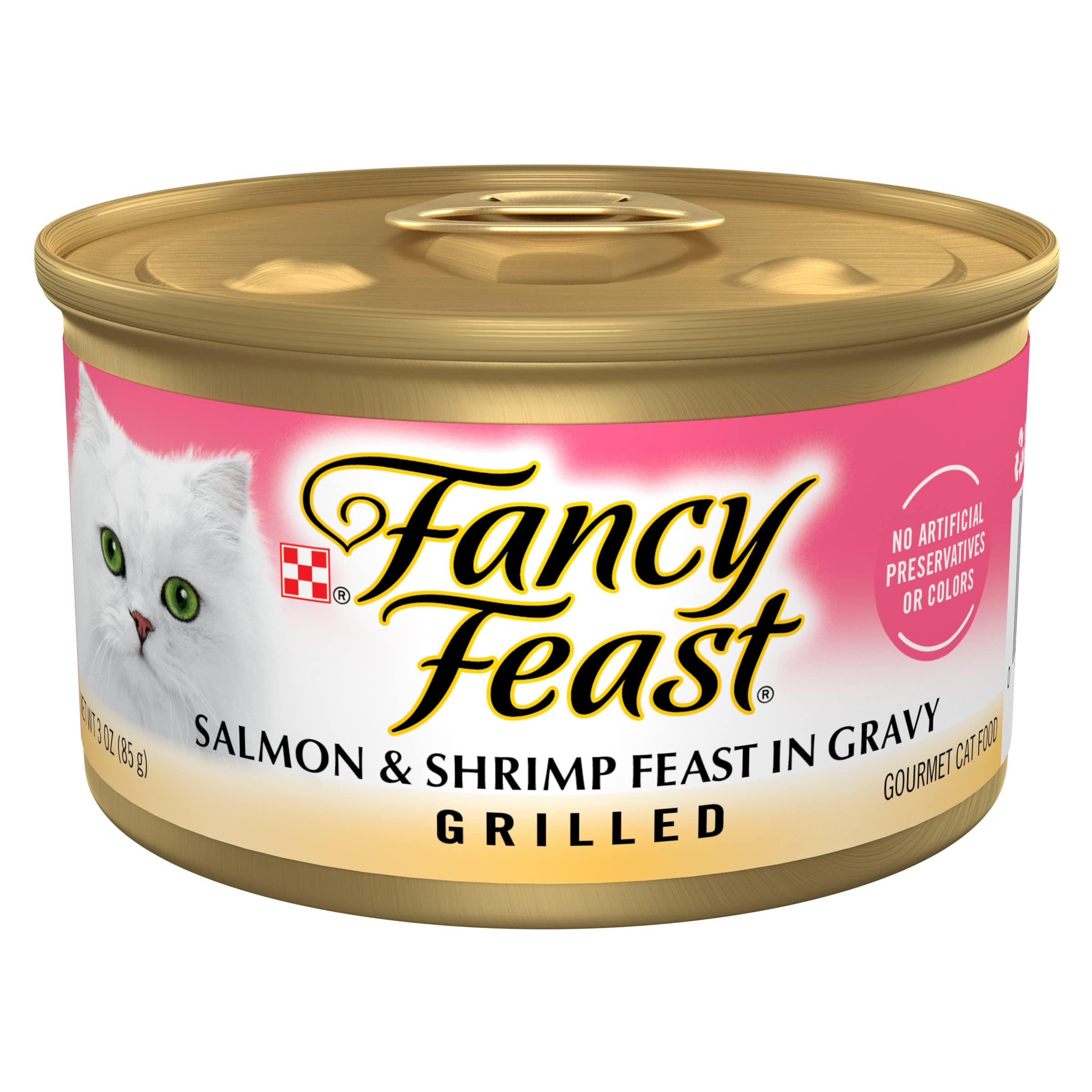 Fancy Feast lata frontal con salmón y camarón mostrando atractivo visual y confianza
