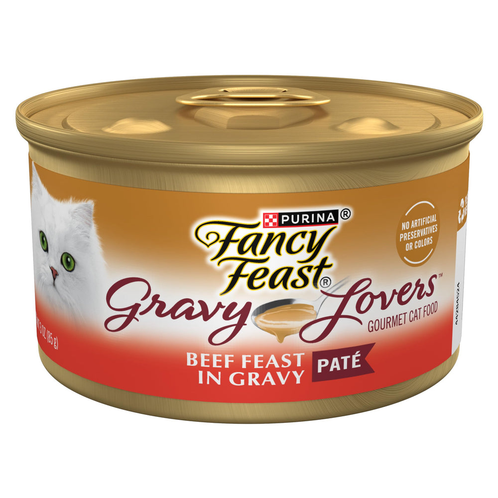Fancy Feast frente de la lata mostrando la etiqueta y conveniencia