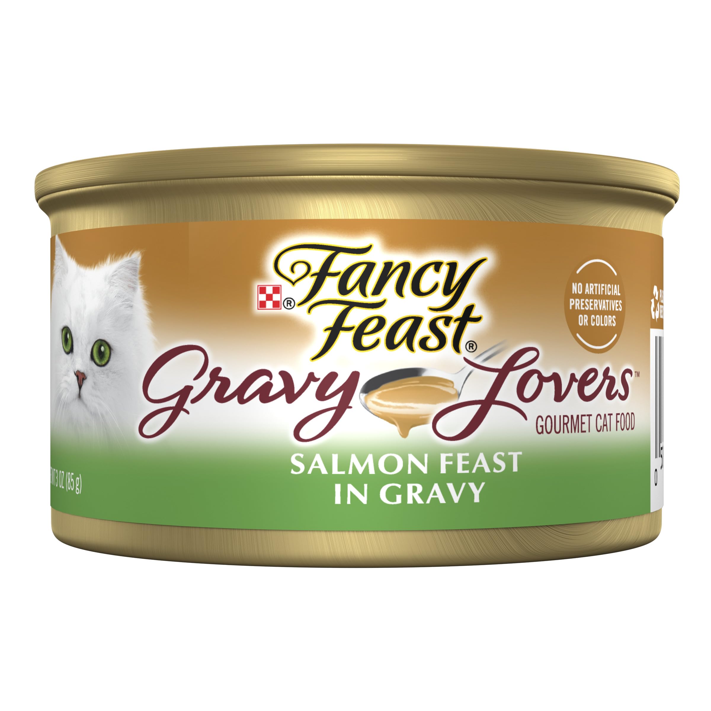 Fancy Feast frente de la lata mostrando diseño y marca, conveniencia visual