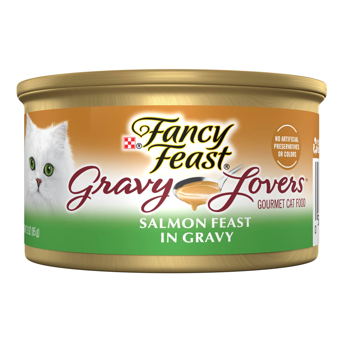Fancy Feast frente de la lata mostrando diseño y marca, conveniencia visual