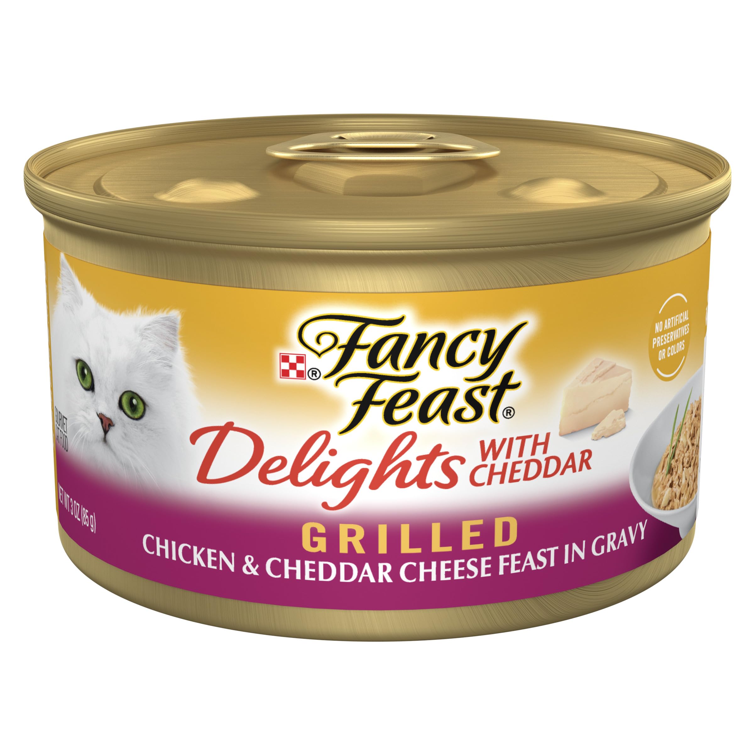 Fancy Feast lata frontal mostrando etiqueta y diseño apetitosa