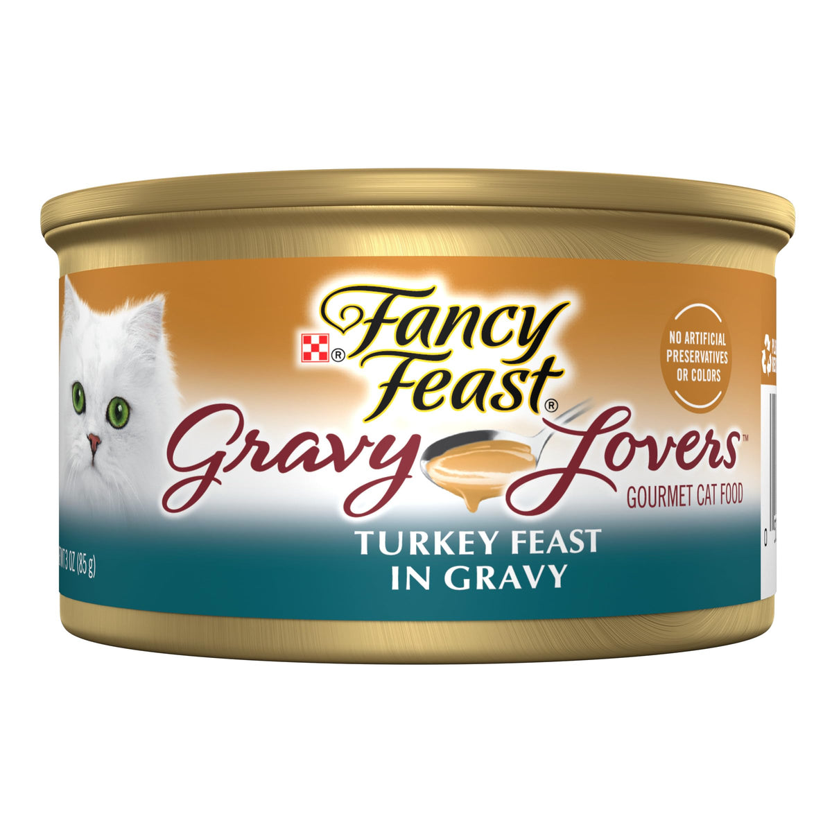 Fancy Feast frente de la lata mostrando diseño y producto