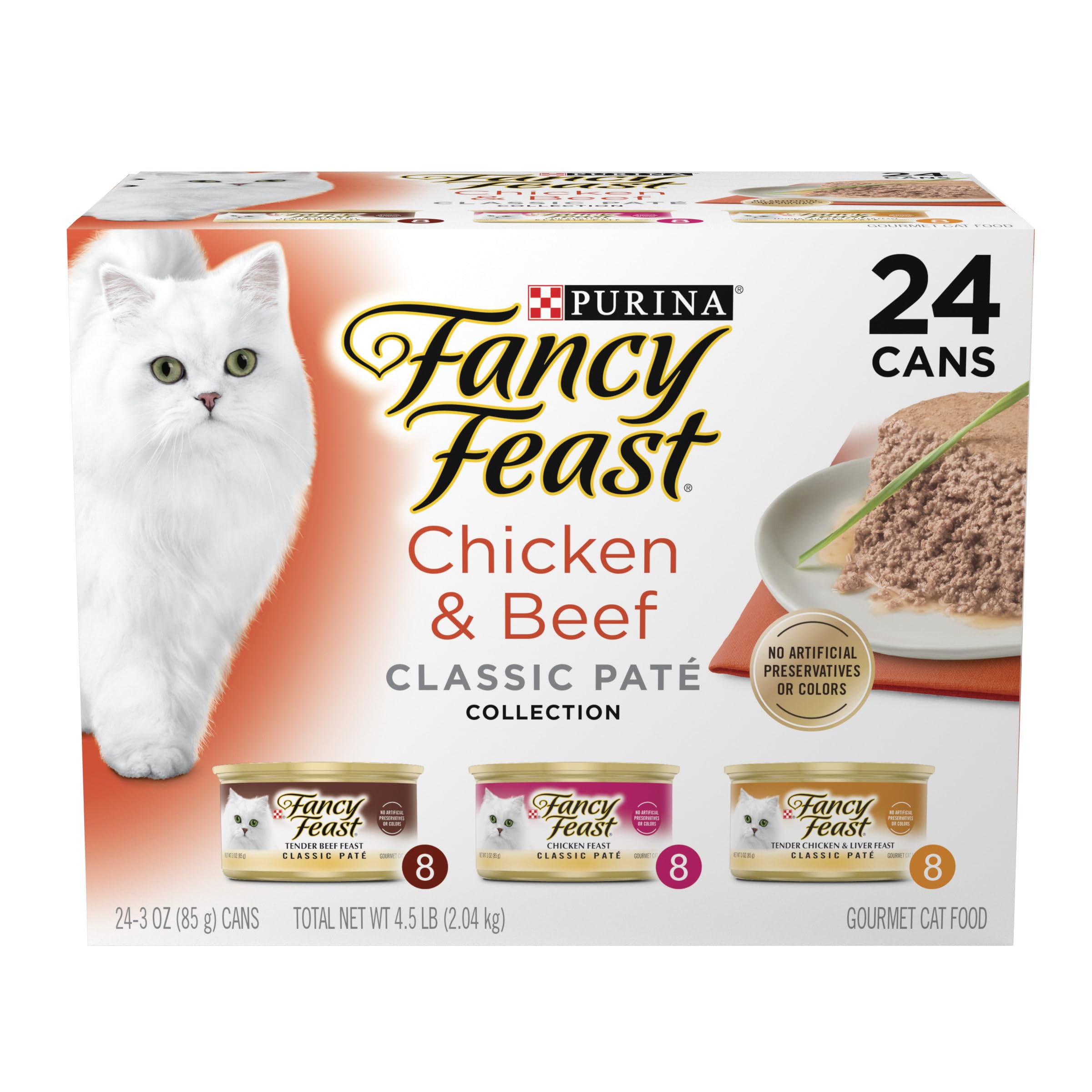 Fancy Feast frente del pack de 24 latas mostrando presentación y variedad