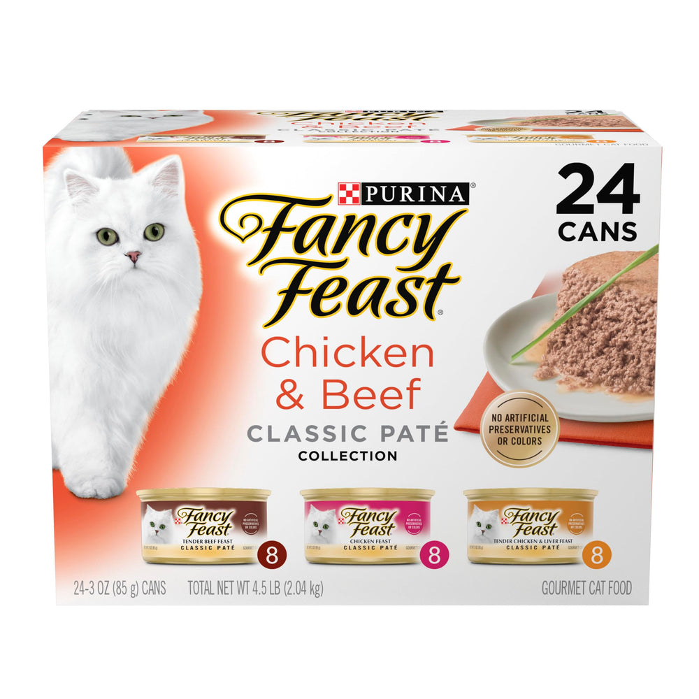 Fancy Feast frente del pack de 24 latas mostrando presentación y variedad